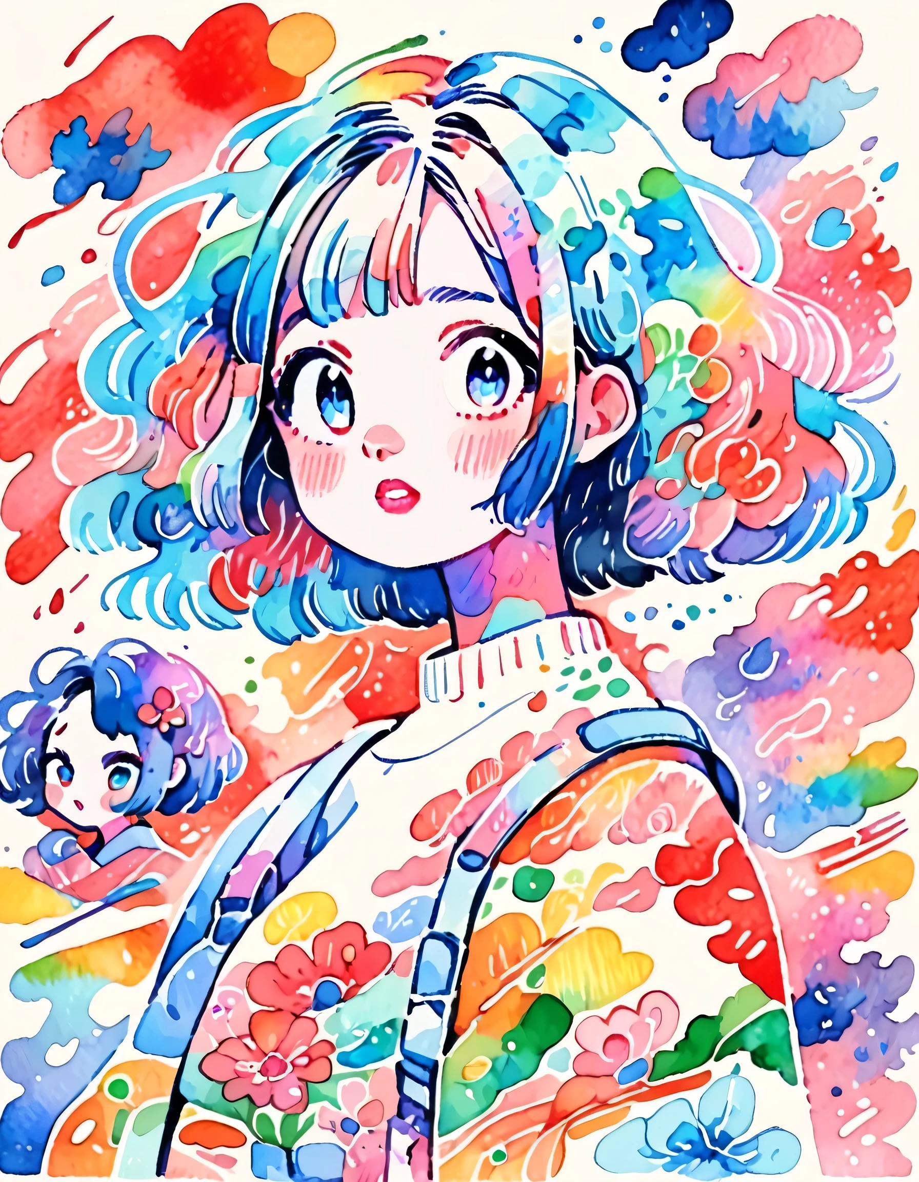 Hiromi Matsuo Style、(((stylish fashion))), 8K Quality、Intense watercolor, Detailed watercolor art, Watercolor splash, Surreal, avant-garde pop art, Beautiful and expressive paintings, Beautiful artwork illustration, Very colorful tones, wonderful, Cool beauty, highest quality、Official Art, Vector art, Stylish design, (((The most beautiful girl))), (((highest quality))), HDR, ((detailed)), (((Doodle Art)), ((masterpiece)), ((Super detailed)), (((Colorful flowers))),(((Stylish)))