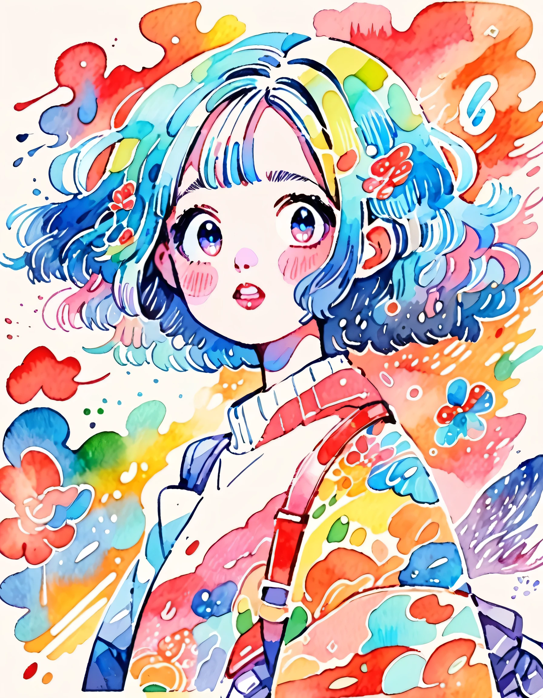 Hiromi Matsuo Style、(((stylish fashion))), 8K Quality、Intense watercolor, Detailed watercolor art, Watercolor splash, Surreal, avant-garde pop art, Beautiful and expressive paintings, Beautiful artwork illustration, Very colorful tones, wonderful, Cool beauty, highest quality、Official Art, Vector art, Stylish design, (((The most beautiful girl))), (((highest quality))), HDR, ((detailed)), (((Doodle Art)), ((masterpiece)), ((Super detailed)), (((Colorful flowers))),(((Stylish)))