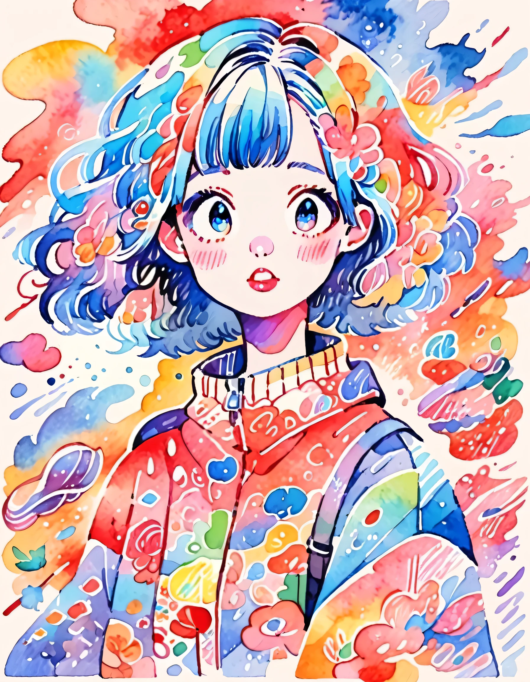 Hiromi Matsuo Style、(((stylish fashion))), 8K Quality、Intense watercolor, Detailed watercolor art, Watercolor splash, Surreal, avant-garde pop art, Beautiful and expressive paintings, Beautiful artwork illustration, Very colorful tones, wonderful, Cool beauty, highest quality、Official Art, Vector art, Stylish design, (((The most beautiful girl))), (((highest quality))), HDR, ((detailed)), (((Doodle Art)), ((masterpiece)), ((Super detailed)), (((Colorful flowers))),(((Stylish)))