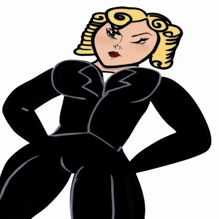 a cartoon of a woman in a black suit with a goatee, wearing a black catsuit, wearing tight suit, wearing black tight clothing, inspired by Tex Avery, wearing a black bodysuit, anya from spy x family, inspired by Milton Caniff, android 18, with shoulder pads, black canary, in spandex suit