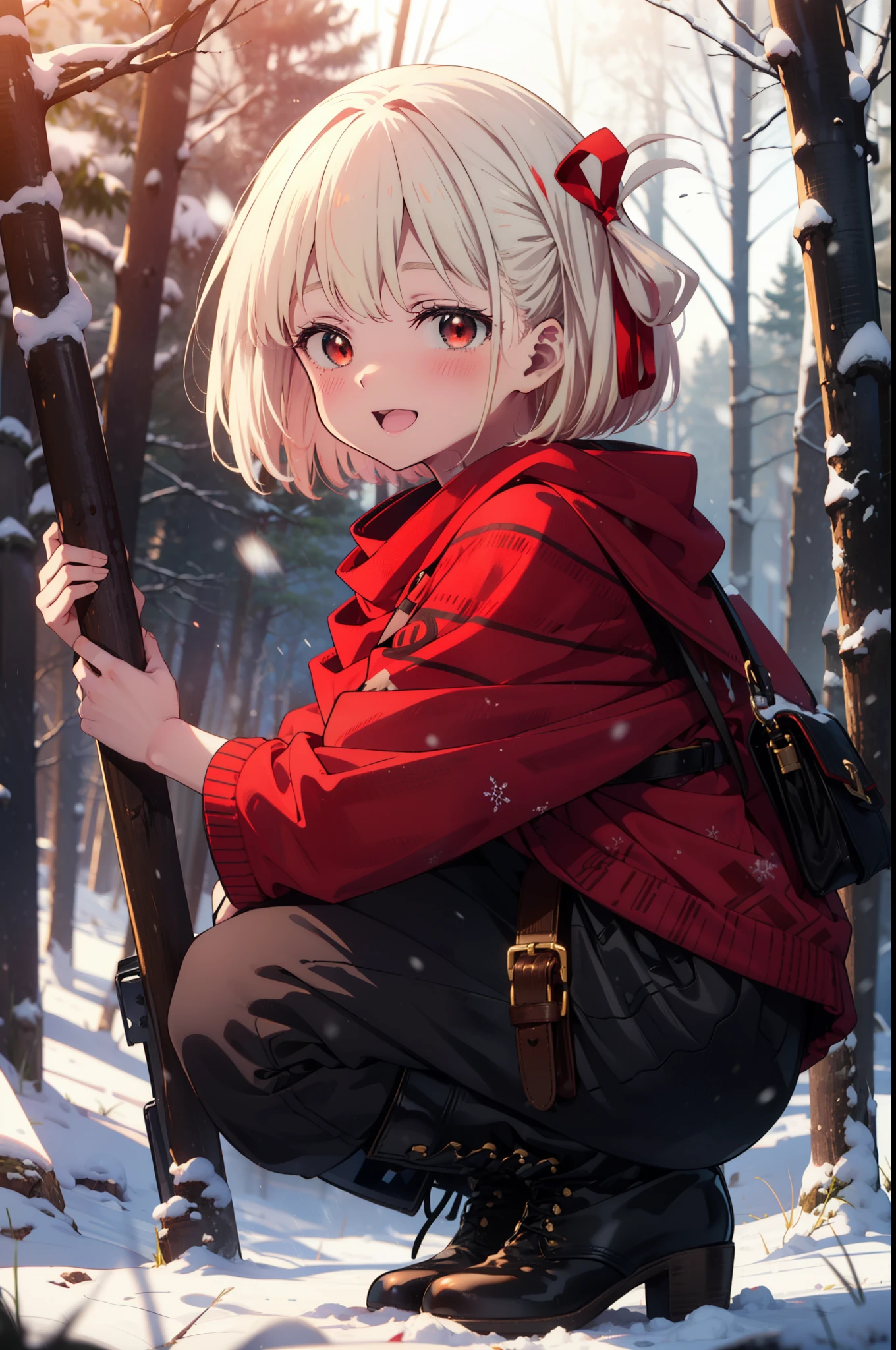 chisatonishikigi, Chisato Nishikigi, short hair, bangs, blonde, (Red eyes:1.5), Hair Ribbon, One side up, Bobcut,smile,blush,happy smile, smile, Open your mouth,
White Breath, Open your mouth,snow, Ground bonfire, Outdoor, boots, snowing, From the side, wood, suitcase, Cape, Blurred, Increase your meals, forest, White handbag, nature, Squat, Mouth closed, フードed Cape, winter, Written boundary depth, Black shoes, red Cape break looking at viewer, Upper Body, whole body, break Outdoor, forest, nature, break (masterpiece:1.2), highest quality, High resolution, unity 8k wallpaper, (shape:0.8), (Beautiful and beautiful eyes:1.6), Highly detailed face, Perfect lighting, Extremely detailed CG, (Perfect hands, Perfect Anatomy),