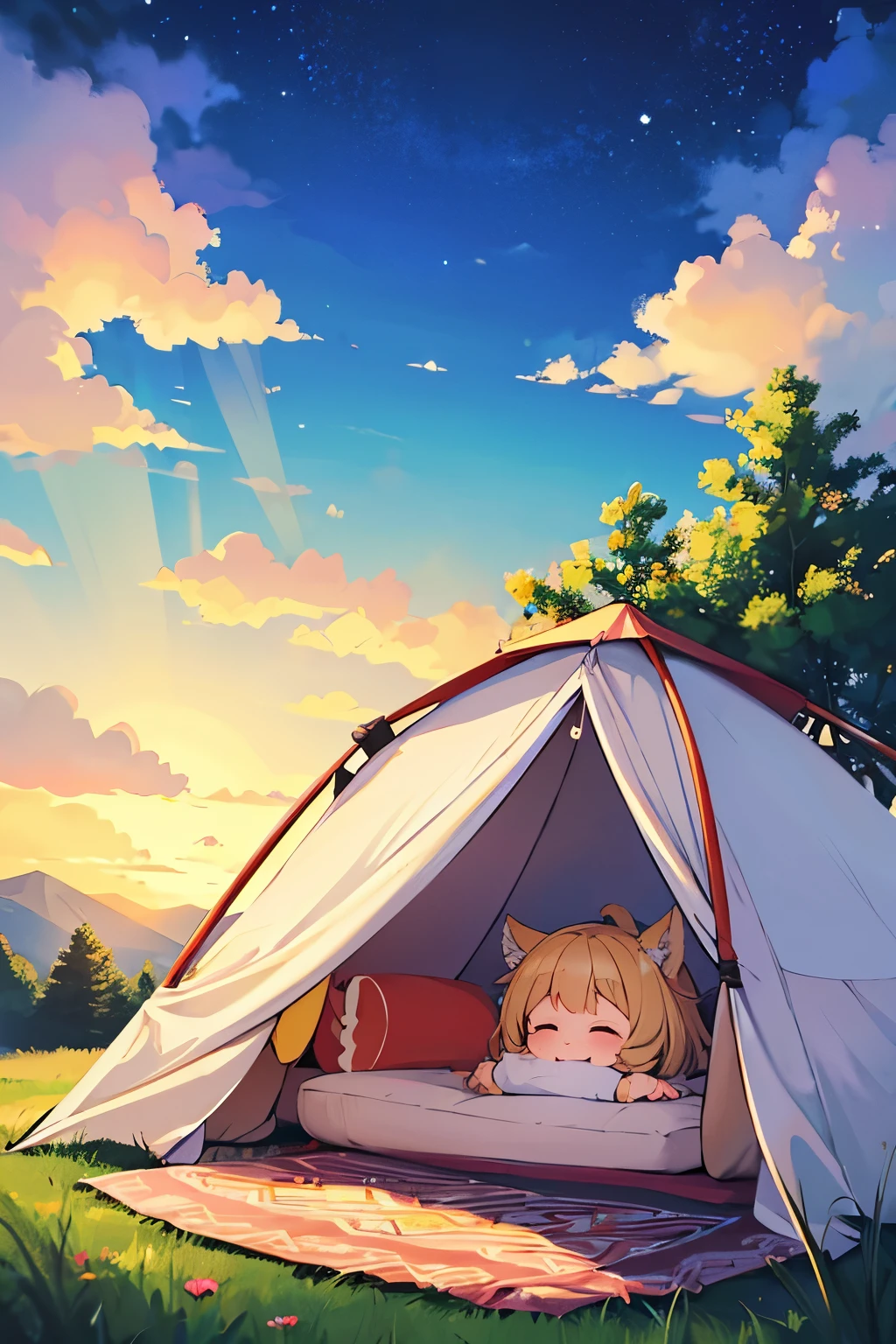 best quality, masterpiece, outdoor camping in a fluffy dream world, on a carpet of pastel-colored clouds, smiling sunshine, iridescent, fantasy