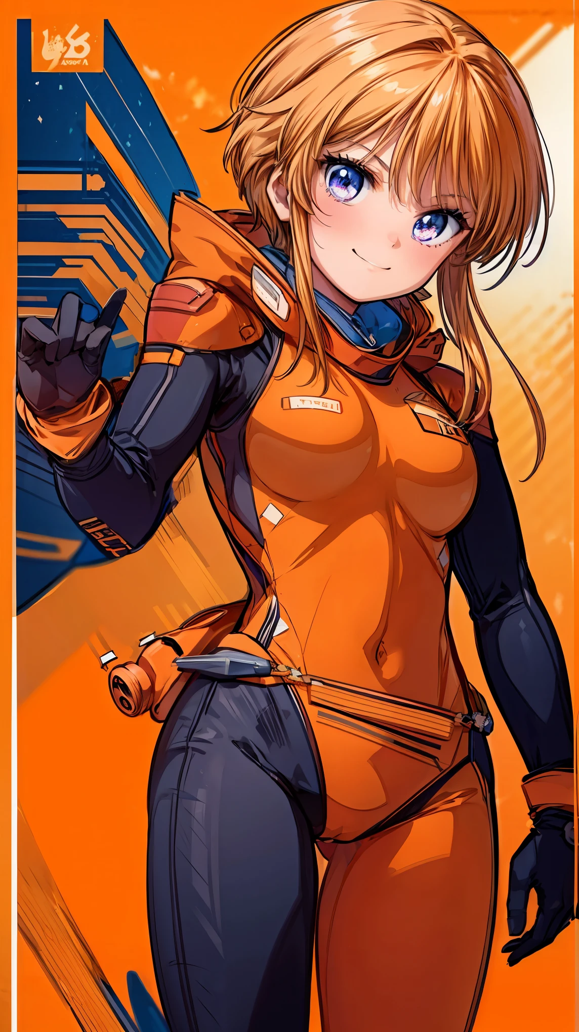 Very detailed、highest quality、Best image quality、masterpiece、8k、Anime Face、A kind smile、(lppl2:1.3)、Orange Hair、Pilot Suit、Big Breasts、Cowboy Shot、Side view