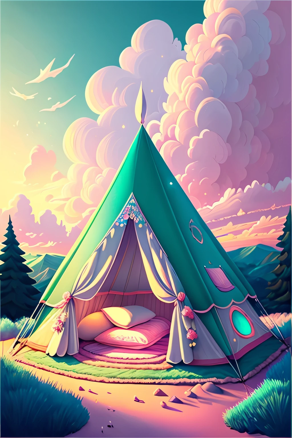 best quality, masterpiece, outdoor camping in a fluffy dream world, on a carpet of pastel-colored clouds, smiling sunshine, iridescent, fantasy