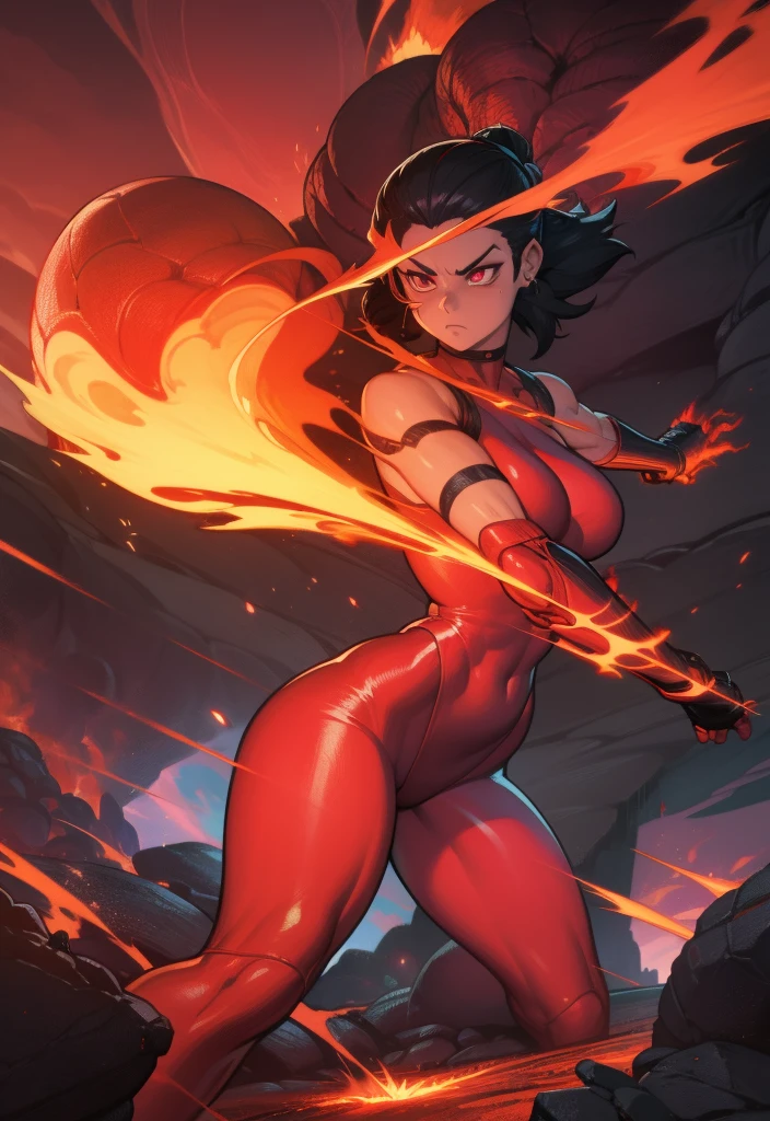 lava lady, street fighter style, 1girl, incredibly detailed, hyper realistic, highly detailed, incredibly sharp focus, cinematic lighting, volumetric lighting, dynamic pose, intense expression, rippling magma skin, molten rock body, glowing eyes, fire energy, dramatic smoke effects, neon cyberpunk city background, vibrant colors, cinematic camera angle