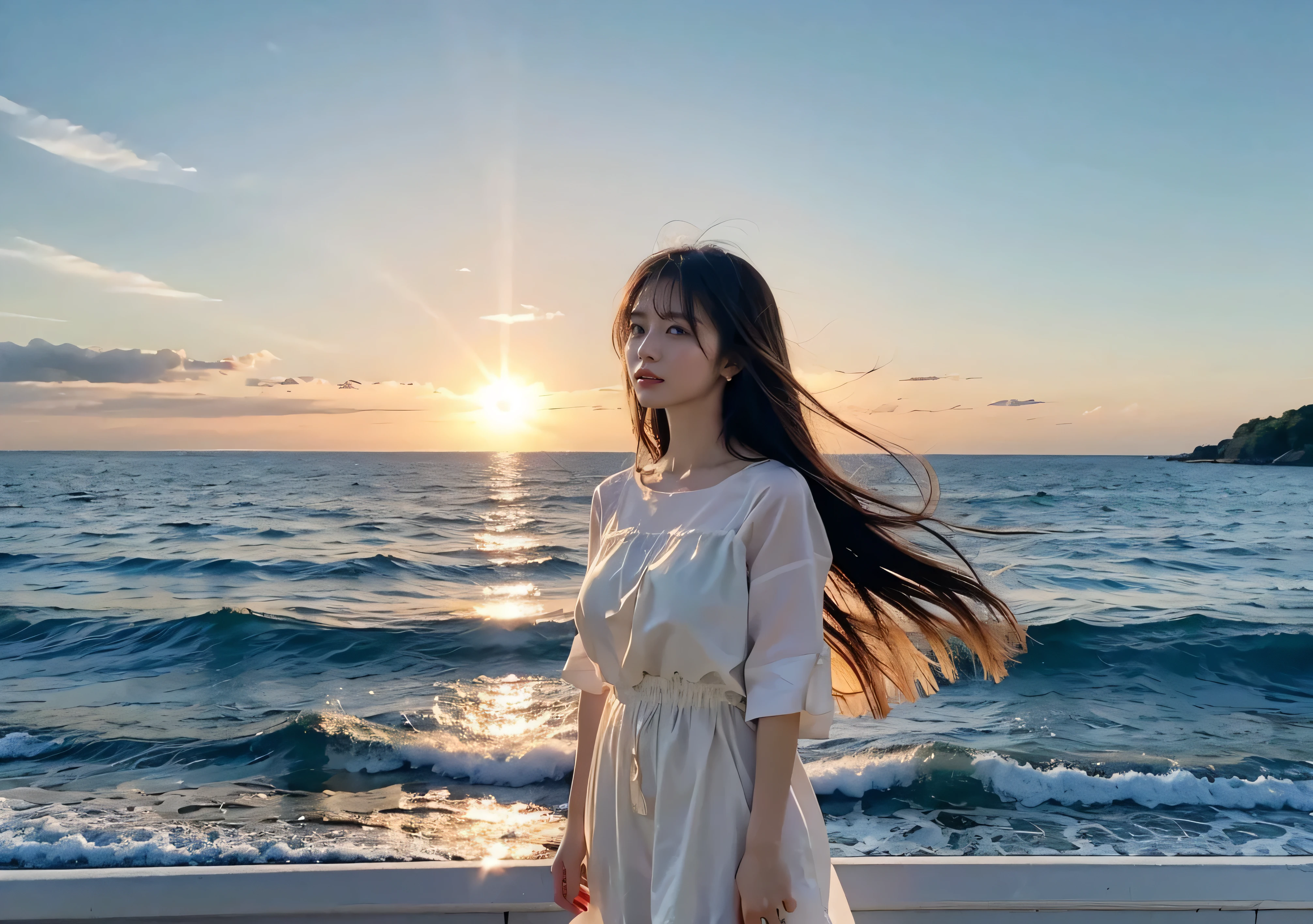 Tie your hair、Strong sun rays、The waves are rough、The wind is blowing、The red sunset sky、Hair blowing in the wind、The sky was dyed red、A woman in casual clothes is watching the sunset from a boat、Her huge breasts are obvious even through her clothes.、The shining sun is so beautiful、Dusk is coming、Lens flare、I can see the sun setting、((Sunlight reflecting on the lake、Ocean View、The sun shines on the sea、'beautiful.、Small earrings、It'evening、Birds are also flying、、Brown Hair Color、Tie your hair、The woman is on the right:1.4))、Luxury Leather Belts、Shiny clothes、Light beige hair color、Background Blur、Braid only the front hair、Light brown hair、{{Cowgirl Shot}}、((Close-up shot from the waist up、Big Breasts:1.4))、Big Breasts、Smile、Silk clothing、Big Breasts that can be seen even through clothes、Braid only the front hair、Cowboy Shot、Gorgeous white collared silk shirt and brown skirt、Dress elegantly、Luxury Bags、A lovely smile、((airplane in the background、I'Coming to the airport))、Full body photo、ring、Short skirt、Tuck your hair behind one ear、Silver Necklace、smile、 Elegant ponytail、Caustics、Highly detailed photos、Very beautiful and ideal short hair、Big Breasts、Super no makeup、(8k、RAW Photos、highest quality、masterpiece:1.2)、(Realistic、Realistic)、1 girl、((Big Breastsショートヘア、Looking into the camera:1.4))、Hair blowing in the wind