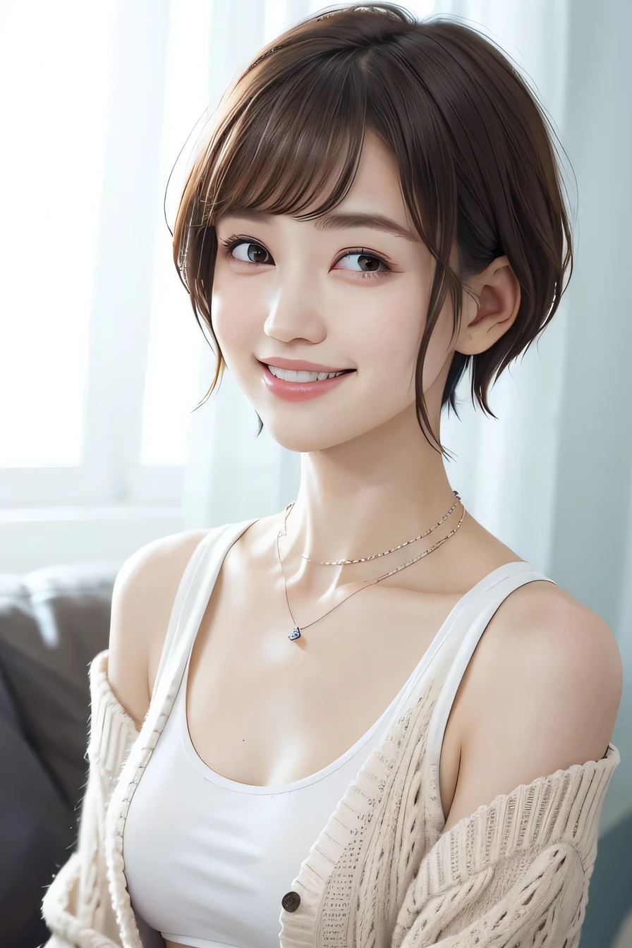 205 ((short hair)), 20-year-old female, In underwear、Put a cardigan over your shoulders、 A refreshing smile、Beautiful teeth alignment、Dark eyeliner、Dark brown hair、ear piercing、Necklace around the neck、Looking at the camera