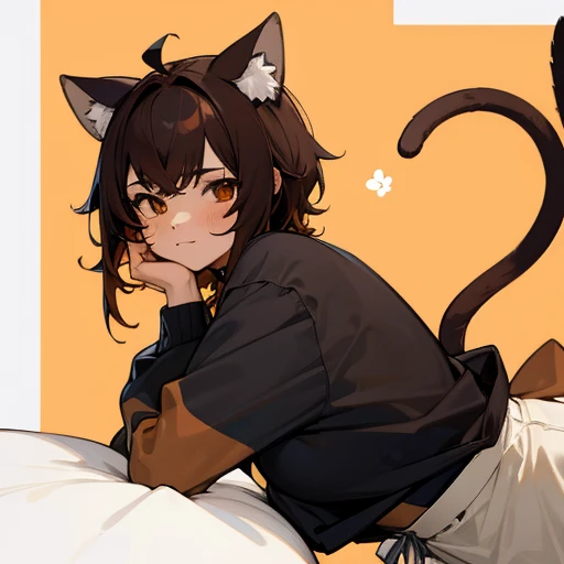 Male Nekomata, black hair, brown eyes, brown cat ears, brown cat tail