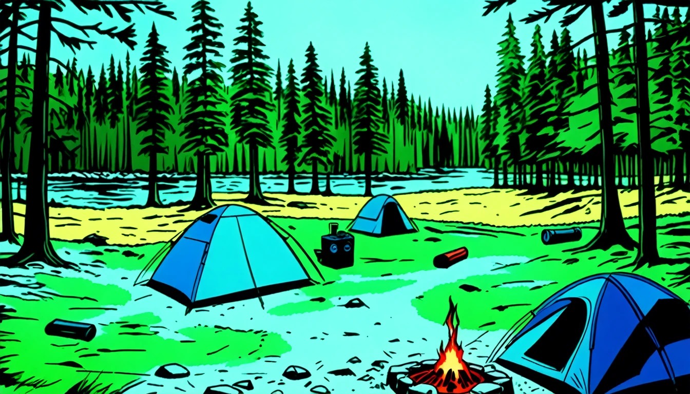 Outdoor camping, rotoscope, cinematic, hyperrealism cartoon, hyper maximal, strange, nature colors, shading for depth, 90's expressive comic style, 