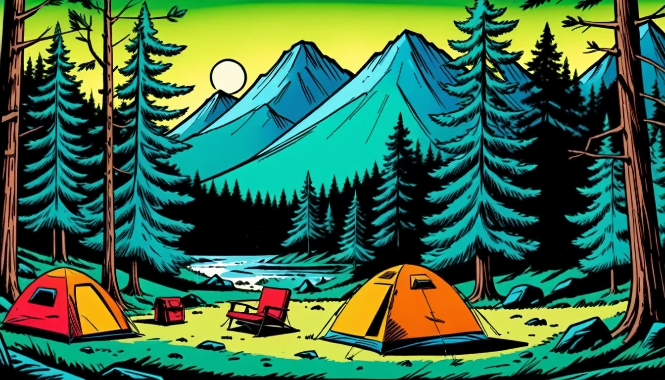 Outdoor camping, rotoscope, cinematic, hyperrealism cartoon, hyper maximal, strange, nature colors, shading for depth, 90's expressive comic style,
