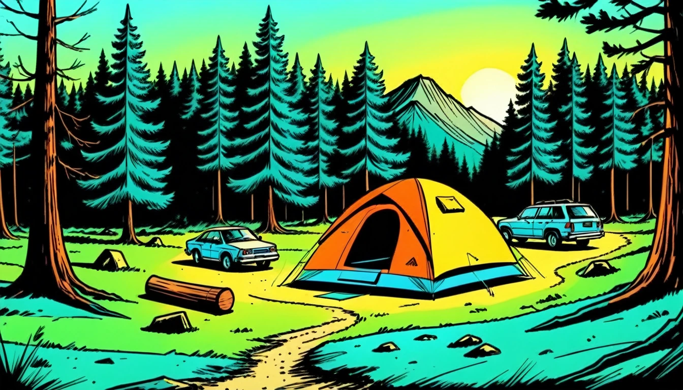 Outdoor camping, rotoscope, cinematic, hyperrealism cartoon, hyper maximal, strange, nature colors, shading for depth, 90's expressive comic style,
