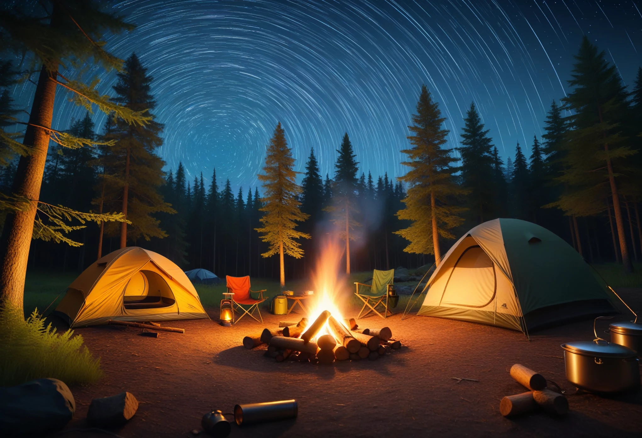 A campsite with a tent pitched under the starry night sky in the forest, surrounded by the glow of a campfire. The scene includes nature exploration with backpacking gear.
Medium: Illustration, realistic.
Additional Details: Greenery surrounding the campsite, camping equipment scattered around, detailed camping gear such as cooking utensils, sleeping bags, and a flashlight.
Image Quality: (best quality,4k,8k,highres,masterpiece:1.2),ultra-detailed,(realistic,photorealistic,photo-realistic:1.37),HDR,studio lighting,sharp focus,vivid colors.
Art Style: Landscape, outdoor adventure.
Color Palette: Earth tones with pops of warm fire colors.
Lighting: Soft moonlight illuminating the campsite, warm glow from the campfire.