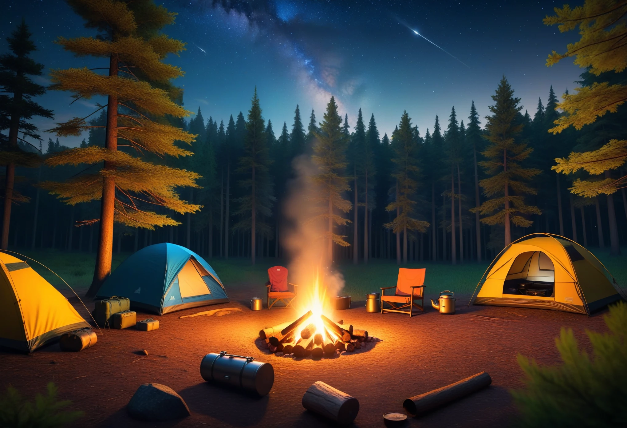 A campsite with a tent pitched under the starry night sky in the forest, surrounded by the glow of a campfire. The scene includes nature exploration with backpacking gear.
Medium: Illustration, realistic.
Additional Details: Greenery surrounding the campsite, camping equipment scattered around, detailed camping gear such as cooking utensils, sleeping bags, and a flashlight.
Image Quality: (best quality,4k,8k,highres,masterpiece:1.2),ultra-detailed,(realistic,photorealistic,photo-realistic:1.37),HDR,studio lighting,sharp focus,vivid colors.
Art Style: Landscape, outdoor adventure.
Color Palette: Earth tones with pops of warm fire colors.
Lighting: Soft moonlight illuminating the campsite, warm glow from the campfire.