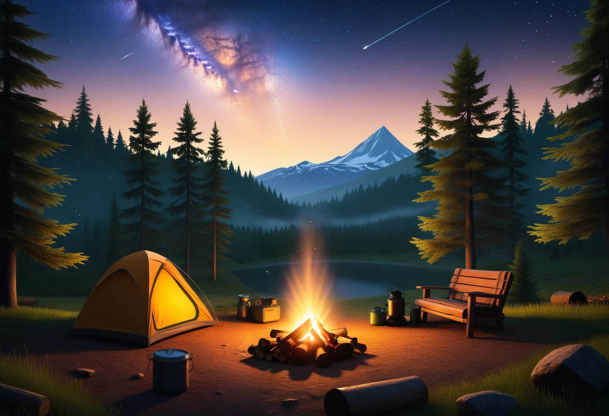 A campsite with a tent pitched under the starry night sky in the forest, surrounded by the glow of a campfire. The scene includes nature exploration with backpacking gear.
Medium: Illustration, realistic.
Additional Details: Greenery surrounding the campsite, camping equipment scattered around, detailed camping gear such as cooking utensils, sleeping bags, and a flashlight.
Image Quality: (best quality,4k,8k,highres,masterpiece:1.2),ultra-detailed,(realistic,photorealistic,photo-realistic:1.37),HDR,studio lighting,sharp focus,vivid colors.
Art Style: Landscape, outdoor adventure.
Color Palette: Earth tones with pops of warm fire colors.
Lighting: Soft moonlight illuminating the campsite, warm glow from the campfire.