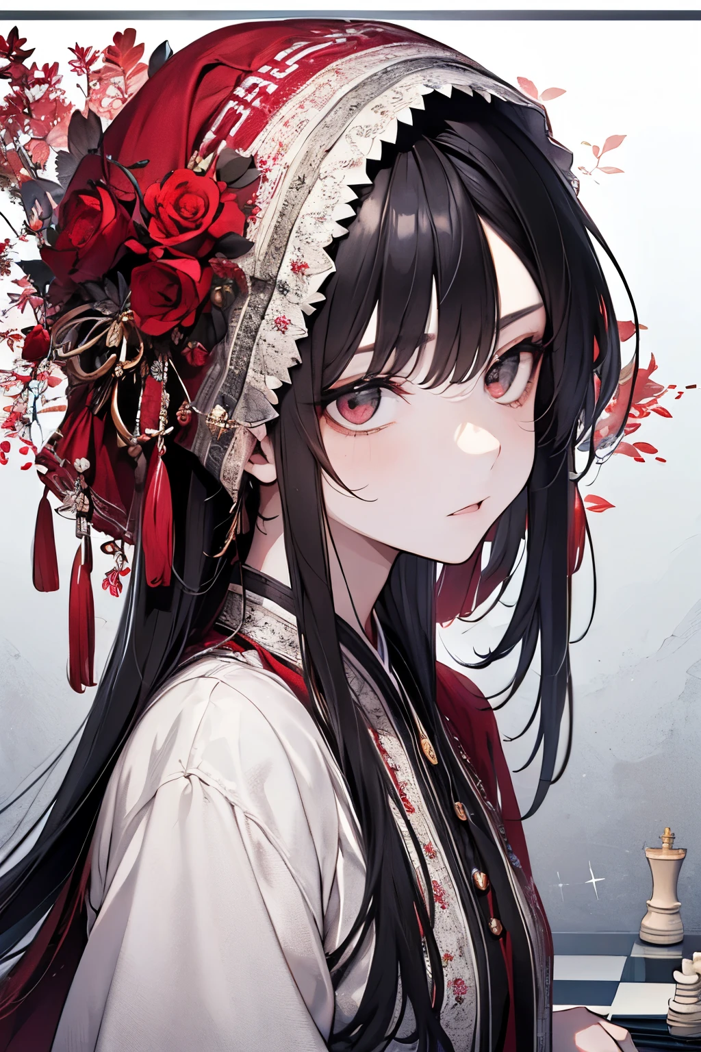((A man:1.2)),tazune rirei, masterpiece, best quality, braid hair, black hair, face close-up, (portrait), shiny red eyes, white hanfu dress,(gray color world:1.3),bokeh,((playing chess game)), embarrassed, (close mouth), perfect hands