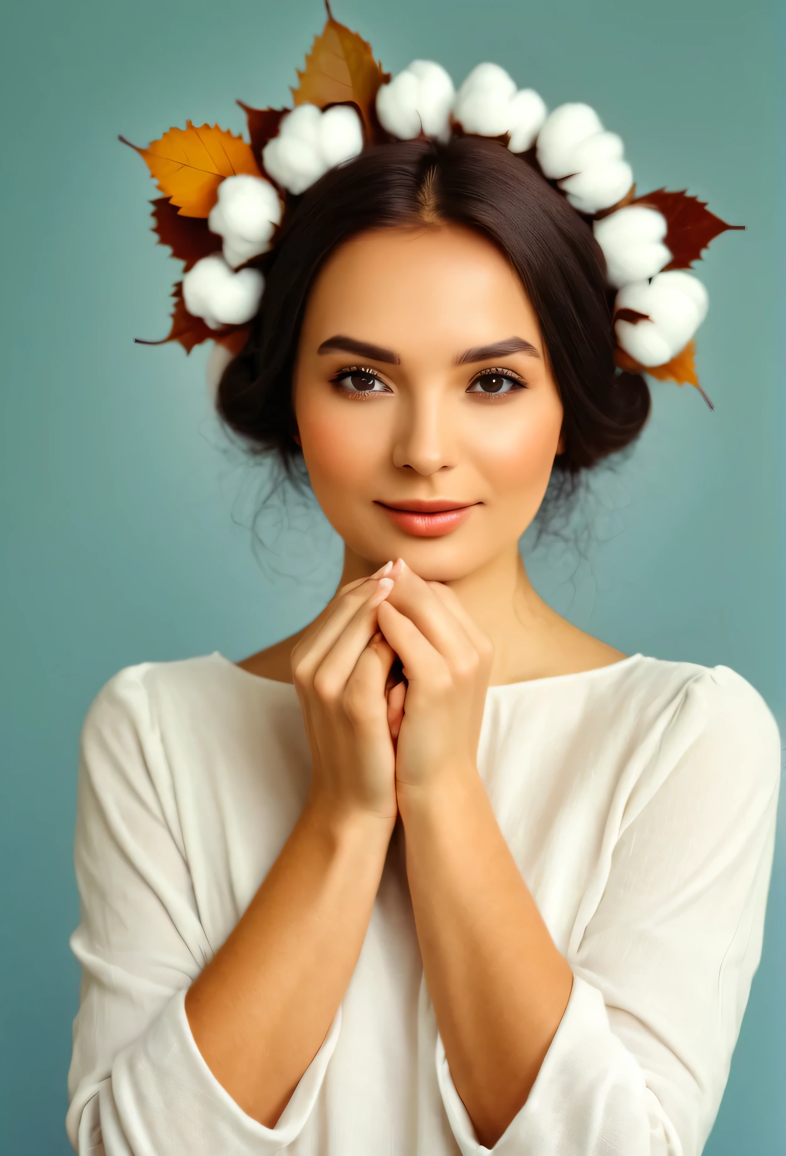 Beautiful lady with cotton flowers on her head. And fluffy cotton on her hand.with autumn colours simple and fancy