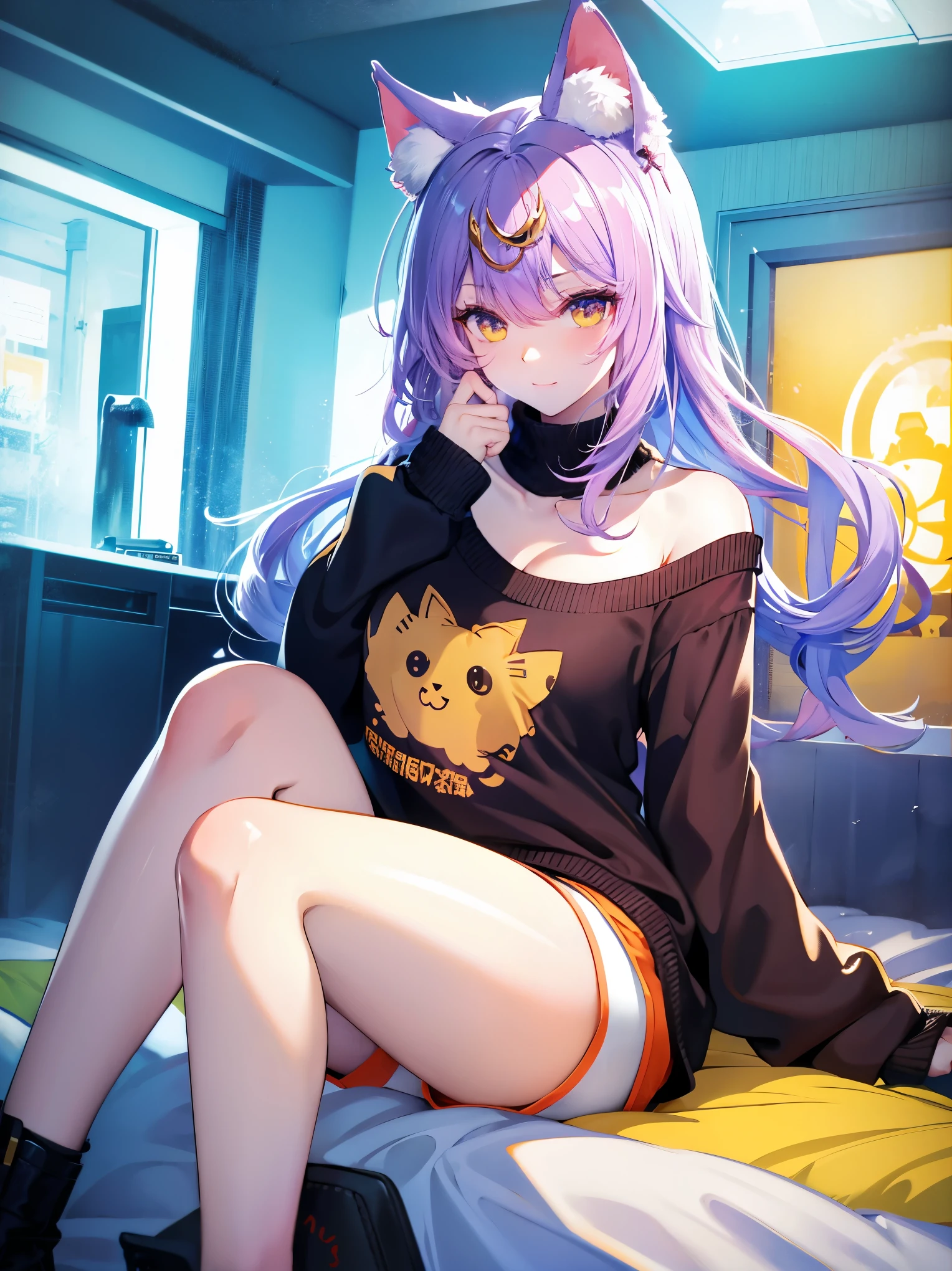 Tang Wutong, bug , cute, wearing a sweater and shorts, cat ears, bedroom, home