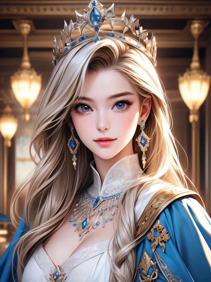 ((masterpiece、highest quality、Very detailed、High resolution、Photorealistic、Sharp focus、Cinema Lighting))、((One Woman、Bust Shot、Focus on the chest up、Face Light))、High contrast、blonde、Perfect Eyes、Perfect Iris、Perfect Lips、Perfect Teeth、Perfect Skin、crown、A gorgeous tunic with an intricate pattern、Blue cloak with white fur collar、gem、smile、Detailed hand drawing、View your viewers、The palace room