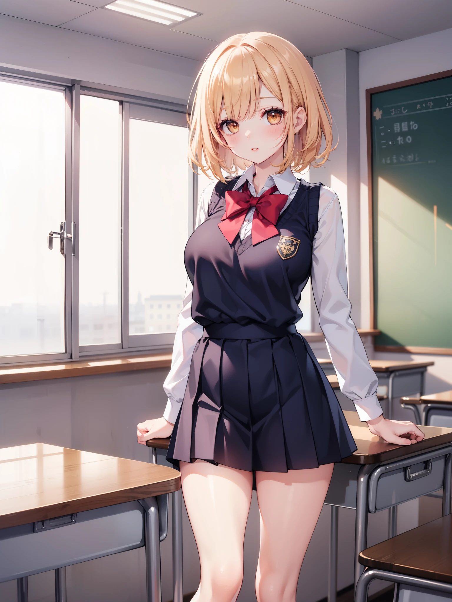 Dynamic posing, dynamic angle, Arrange pose,Top quality work，Show Legs，(short golden hair),(golden eyes), lovely red lips, Rose cheeks, Pretty Face, A perfectly proportioned face, school shirt with red bow and black skirt, (school uniform),  white stockings，in classroom，full-body view， amazing, Large round chest、Beautiful eye details、Beautiful eyelashes、beautiful double eyelid,  with blush cheeks, talking to viewer