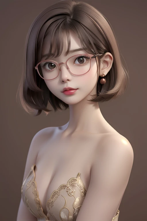 best quality, cartoon_portrait, 1 Indonesian women, solo, looking at viewer, short curly hair, simple background, brown hair,closed mouth, glasses, topless ,normally little . lips, swept bangs, brown background, red lips,