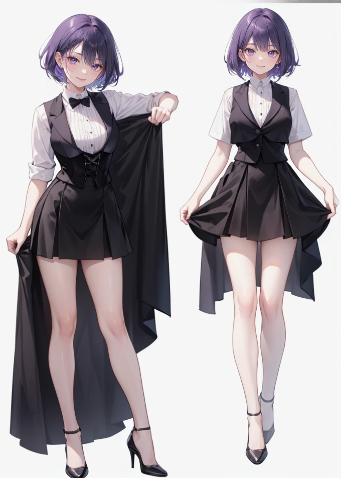 Purple hair,short hair,Adult female,Bartender,((Rolling up your sleeves shirt)),((black vest)),(Corset),(skirt),High heels,((Simple white background)),Smile,((Full body)),((whole body)),Character Sheet,