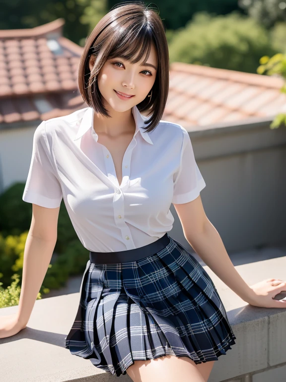 (Highest quality: 1.5), (Realistic: 1.5), (1 person: 1.5), Highly detailed, High resolution, 8k, slightly saggy medium breasts, Natural colored lips, Cute smile, Japanese woman, 20 year old girl, beautiful and graceful features, perfect and beautiful face, balanced big eyes, brunette eyes, beautiful and graceful features, natural double eyelids, natural bangs, beautiful thin nose, beautiful skin, medium bob hair , natural bangs , perfect and beautiful face, slim face and figure, blue summer sky, socks, (looking at the camera with a sweet smile), bright lighting, professional lighting, forward lighting, beautiful legs: 1.2, smooth skin, slender body, slim waistline, slim thin thighs, cleavage, detailed clothes, (short sleeve formal shirt:1.5), (Pleated skirt:1.5), plaid pleated micro mini skirt, short sleeve dress shirt, (unbuttoned shirt to show cleavage), sit on the roof of the school, Beautiful breasts, beautiful cleavage, bra visible through white shirt, see-through shirt,