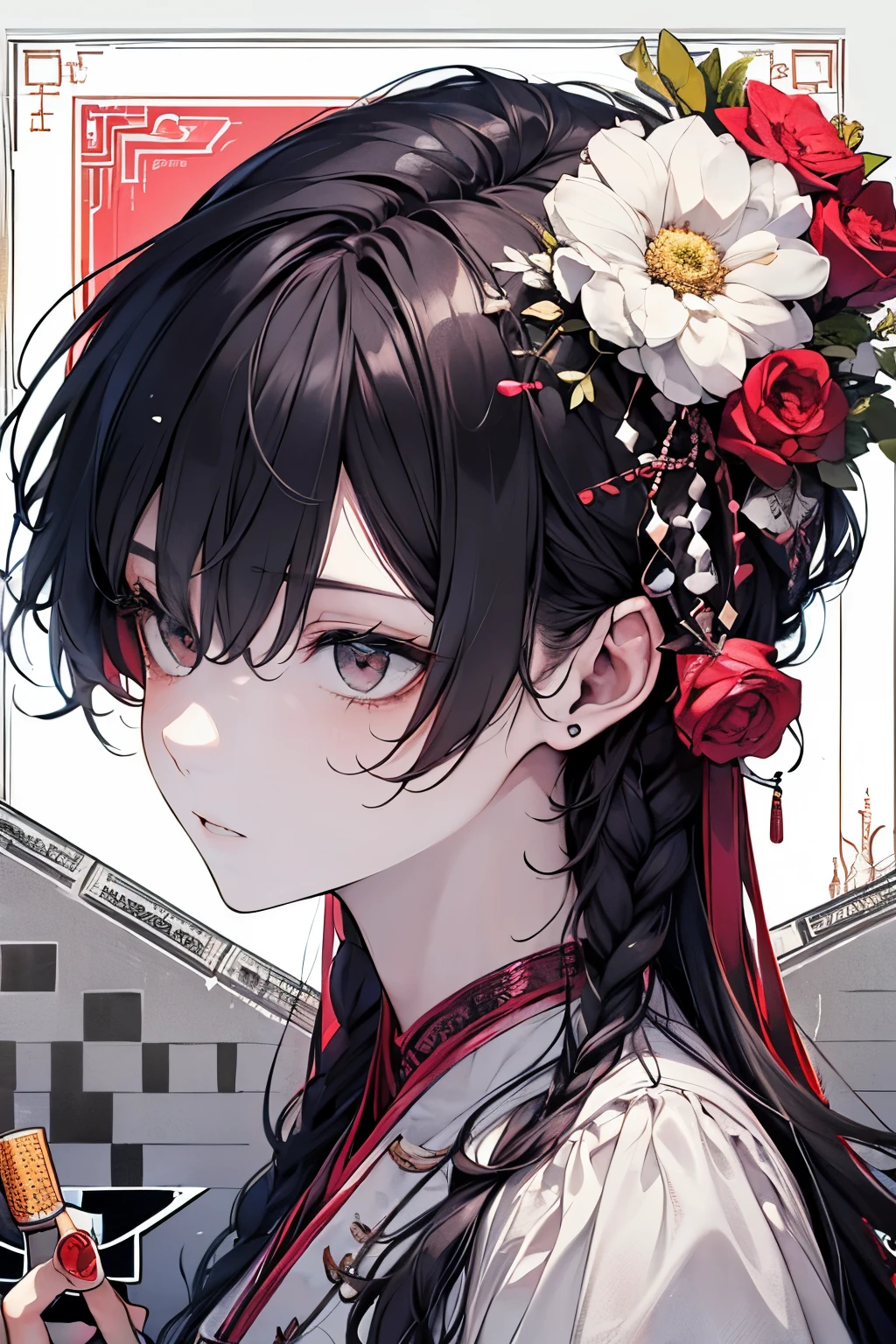 ((A man:1.2)),tazune rirei, masterpiece, best quality, braid hair, black hair, face close-up, (portrait), shiny red eyes, white hanfu dress,(gray color world:1.3),bokeh,((playing chess game)), embarrassed, (close mouth), perfect hands