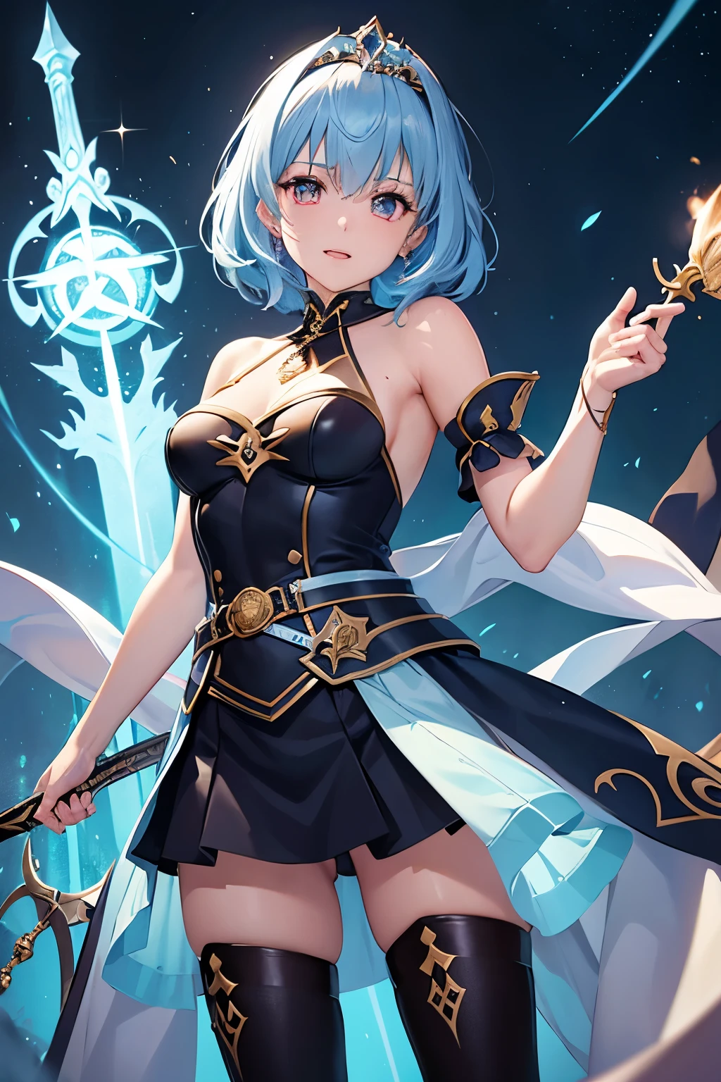 （（（highest quality、first-clasasterpiece、Normal body、8k、Detailed face、Ultra-precision、Normal hand、Normal finger、５Finger、）））Brightly colored hair、Golden Turquoise Hair、Short Hair、Shortcuts、Sleeping habit head、Unshaven Head、Small breasts、Beautiful body、Brave、Brave Princess Knight、Rin々A funny expression、Confident、Legendary Sword、Sword of Light、Dragon Sword、Sword and magic circle、Magic Sword、The Great Magic of Light、huge magic circle、Shiny Tiara、Blue leotard、Green belt、black half cloak、Evil Eye、Magic circle pattern on eyes、Demon King's Castle、Evil Cave、Swinging a Sword、Sweep away、In combat、lewd mark on the uterus、呪われたBrave
