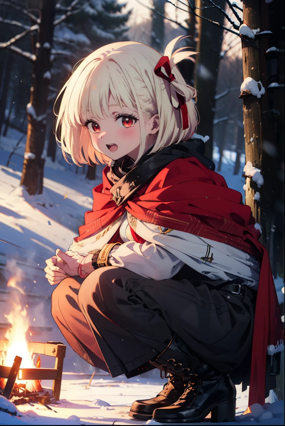 chisatonishikigi, Chisato Nishikigi, short hair, bangs, blonde, (Red eyes:1.5), Hair Ribbon, One side up, Bobcut,smile,blush,happy smile, smile, Open your mouth,
White Breath, Open your mouth,snow, Ground bonfire, Outdoor, boots, snowing, From the side, wood, suitcase, Cape, Blurred, Increase your meals, forest, White handbag, nature, Squat, Mouth closed, フードed Cape, winter, Written boundary depth, Black shoes, red Cape break looking at viewer, Upper Body, whole body, break Outdoor, forest, nature, break (masterpiece:1.2), highest quality, High resolution, unity 8k wallpaper, (shape:0.8), (Beautiful and beautiful eyes:1.6), Highly detailed face, Perfect lighting, Extremely detailed CG, (Perfect hands, Perfect Anatomy),