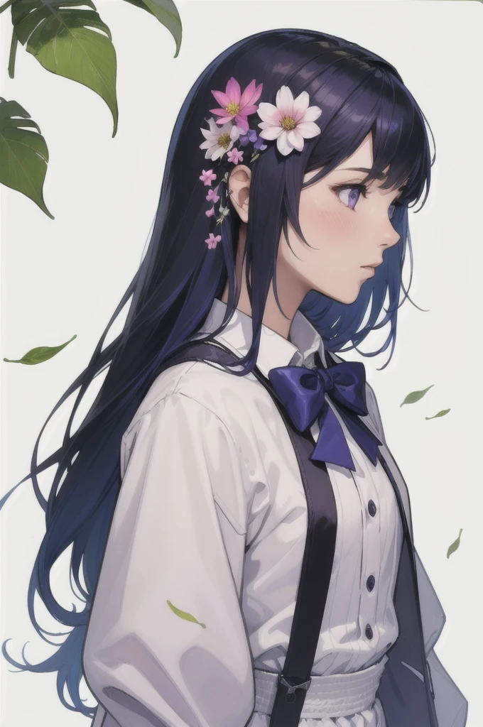 highest quality, masterpiece, Very detailed, Detailed Background, One girl, alone, Long Hair, flower, Blue Hair, White Background, pink flower, Simple Background, profile, Upper Body, shirt, white shirt, white flower, bow, bangs, Purple eyes, leaf, blush