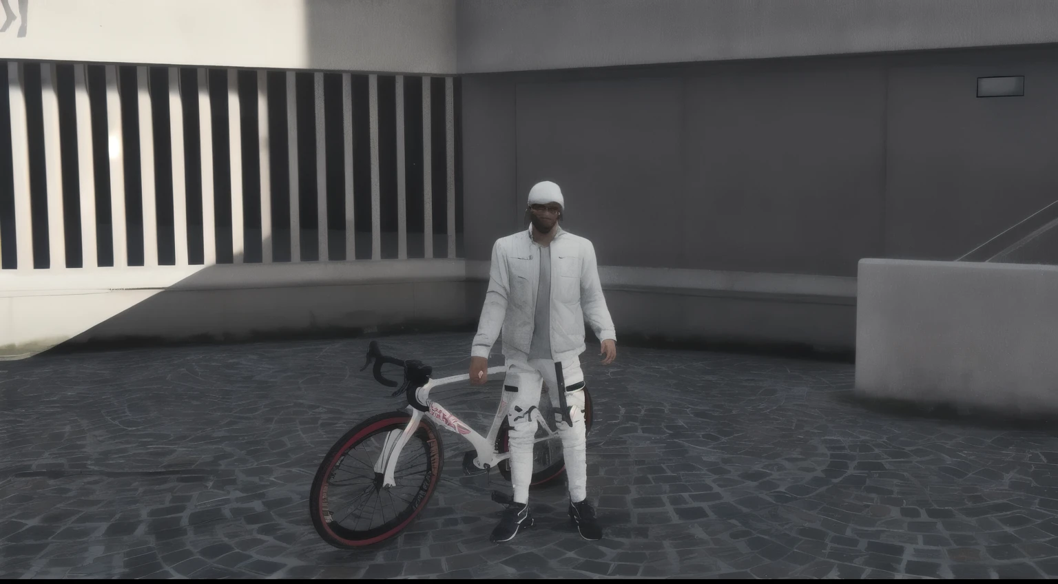 there is a man standing next to a bicycle on a cobblestone stree, realistic