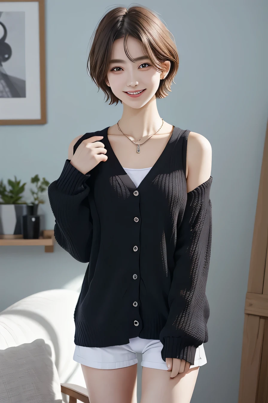 205 ((short hair)), 20-year-old female, In underwear、Put a cardigan over your shoulders、 A refreshing smile、Beautiful teeth alignment、Dark eyeliner、Dark brown hair、ear piercing、Necklace around the neck、Looking at the camera