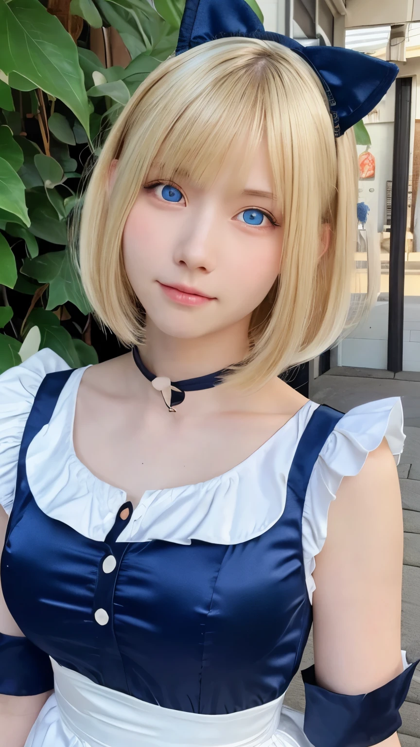 One Girl, (Beautiful girl, Delicate girl:1.3), (15 years old:1.3),巨乳
break, (Maid clothes, Cute Costumes:1.2), Cat ear, skirt,
break, (Different world:1.5), (Outdoor:1.2),
break, Very beautiful eyes, (Symmetrical eyes:1.3),
break, (Small breasts:0.5), (blue eyes:1.2), Parted bangs, (Blonde Hair:1.2), (Upper teeth, The best smile:0.2),
break, (Eye and facial details:1.0),
break, (masterpiece, highest quality, Super detailed, Detailed face, 8k)