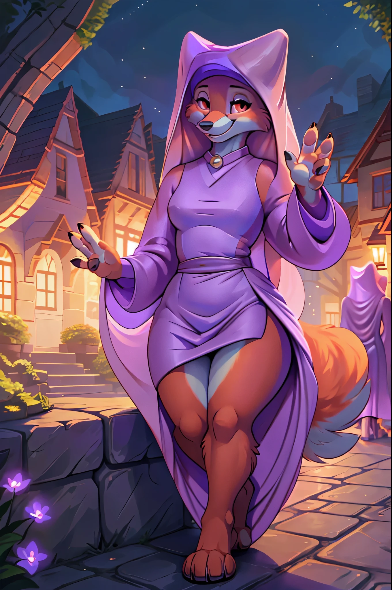 best quality, furry, anthro, animal nose, maidmarian, smile, orange eyes, fox, waving, skirt suit, (((maidmarian))), showing off, showing leg, detailed hand, 5 fingers, perfect eyes, detailed lighting, animal hands, animal fingers, Fox tail, fluffy tail thick thighs, white sclera, black pupils