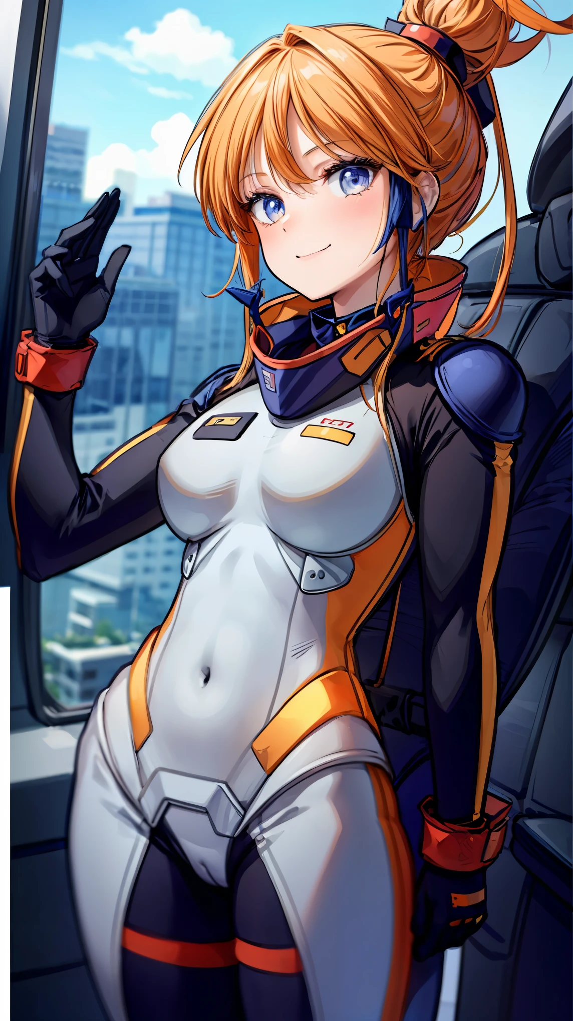 Very detailed、highest quality、Best image quality、masterpiece、8k、Anime Face、A kind smile、(lppl2:1.3)、Orange Hair、Pilot Suit、Big Breasts、Cowboy Shot、Side view