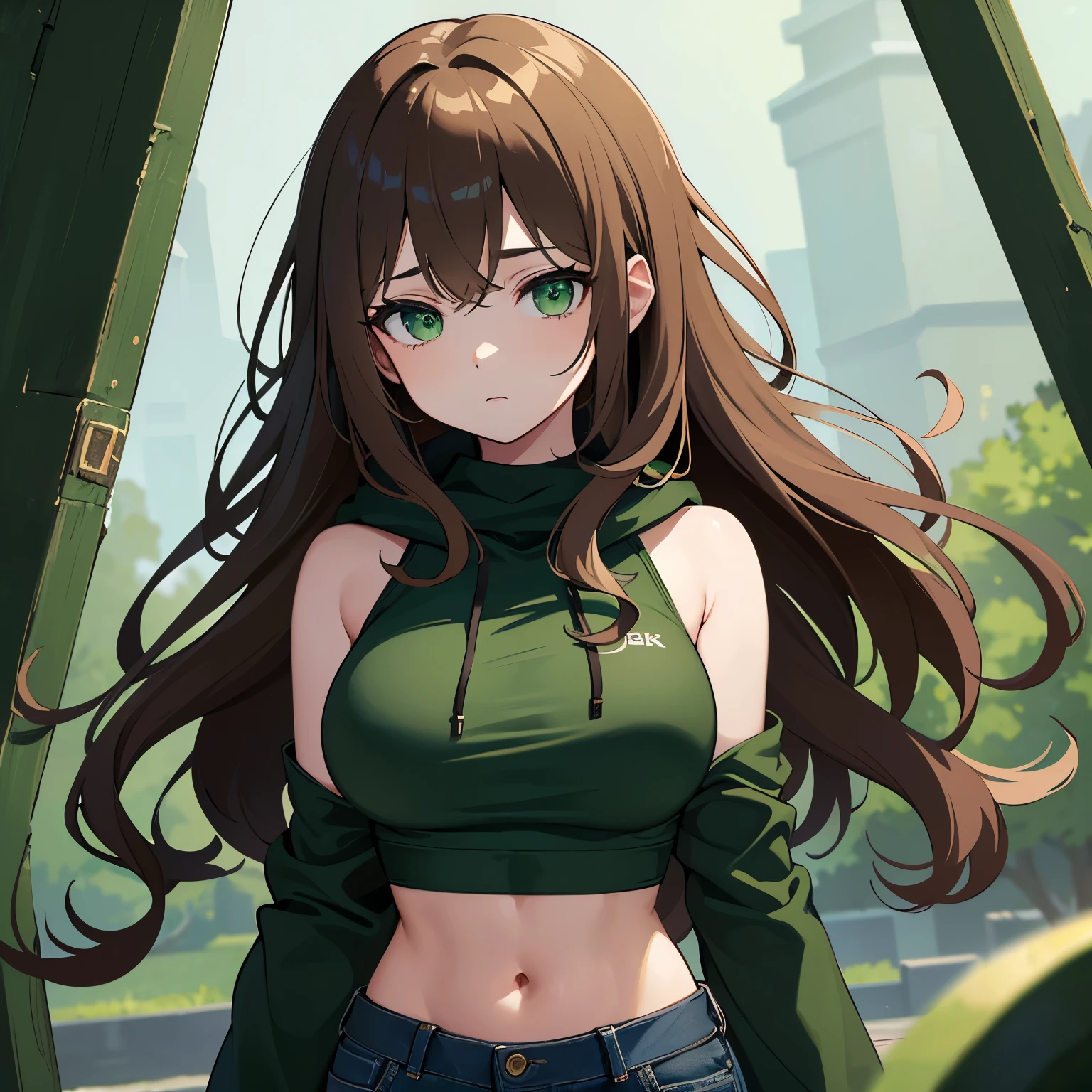 (best quality,4k,8k,highres,masterpiece:1.2),ultra-detailed,portrait,painting,medium,"beautiful detailed green eyes, wavy brown hair, medium-sized breasts, girl, standing alone, wearing an open hoodie, black crop top, jeans",vivid colors,studio lighting,green color tones,soft shadows.