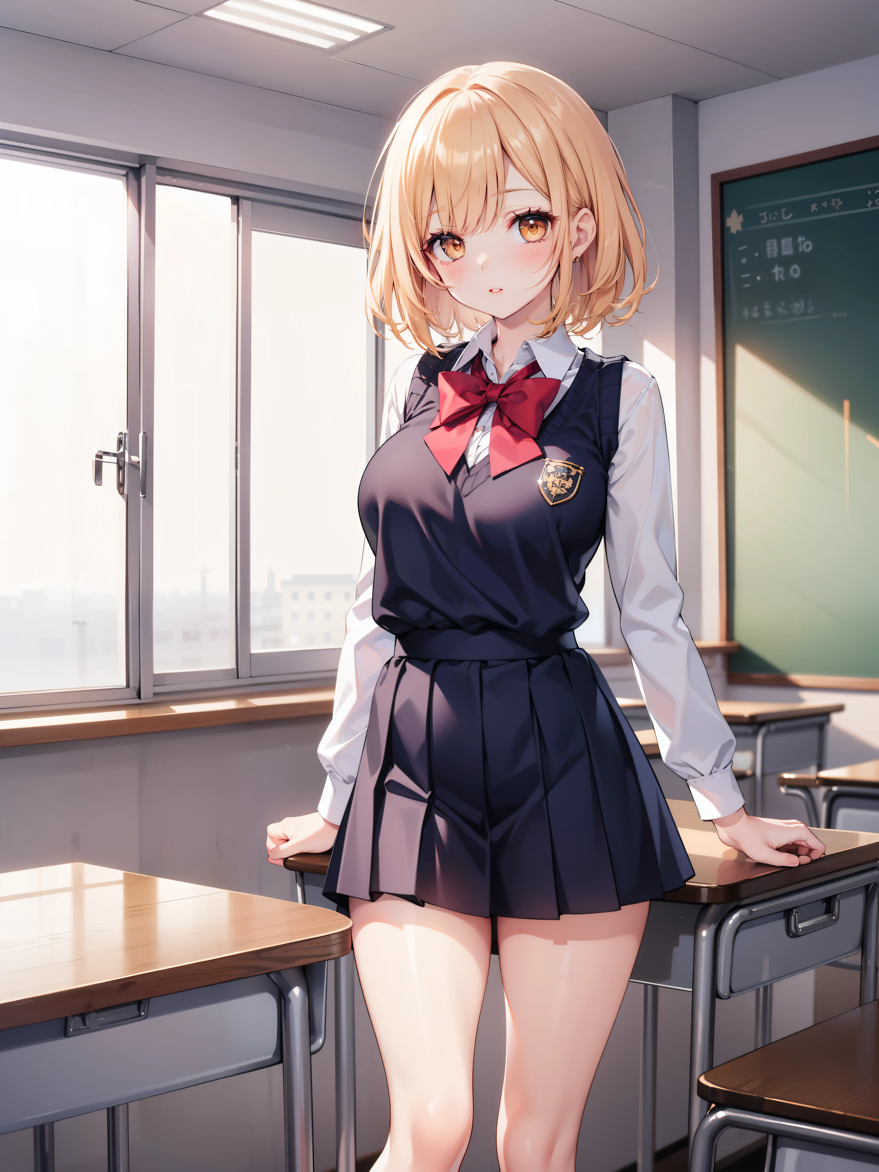 Dynamic posing, dynamic angle, Arrange pose,Top quality work,Show Legs,(short golden hair),(golden eyes), lovely red lips, Rose cheeks, Pretty Face, A perfectly proportioned face, school shirt with red bow and black skirt, (school uniform), white stockings,in classroom,full-body view, amazing, Large round chest、Beautiful eye details、Beautiful eyelashes、beautiful double eyelid, with blush cheeks, talking to viewer