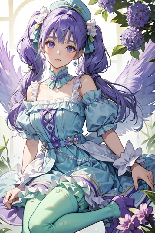 Ajisai has slanted, light indigo eyes to match her hair, which is worn in puffy pigtails adorned with purple flowers. Her bangs are neatly cut and curl inward, and on her head is a hat made from the stem of a plant. She wears earrings and has wings of pale blue that resemble a bubble. 

Her light purple dress has purple flowers and seed markings, along with a green frilly collar with a winged heart ornament hanging from it. She also has purple bloomers or pants beneath her dress and wears green shoes with blue tights. SPARKLE; GLITTER