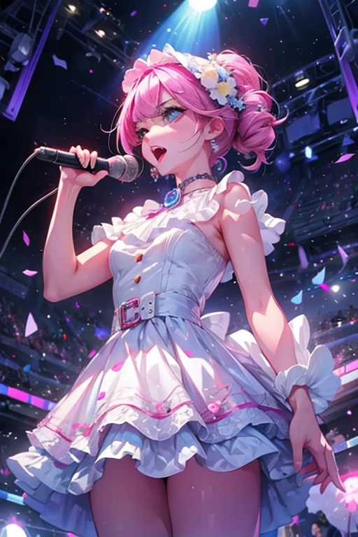 1girl,solo,cute,pink hair,singer,idol,hold a microphone,white gorgeous dress,on stage,spotlight,audience,
