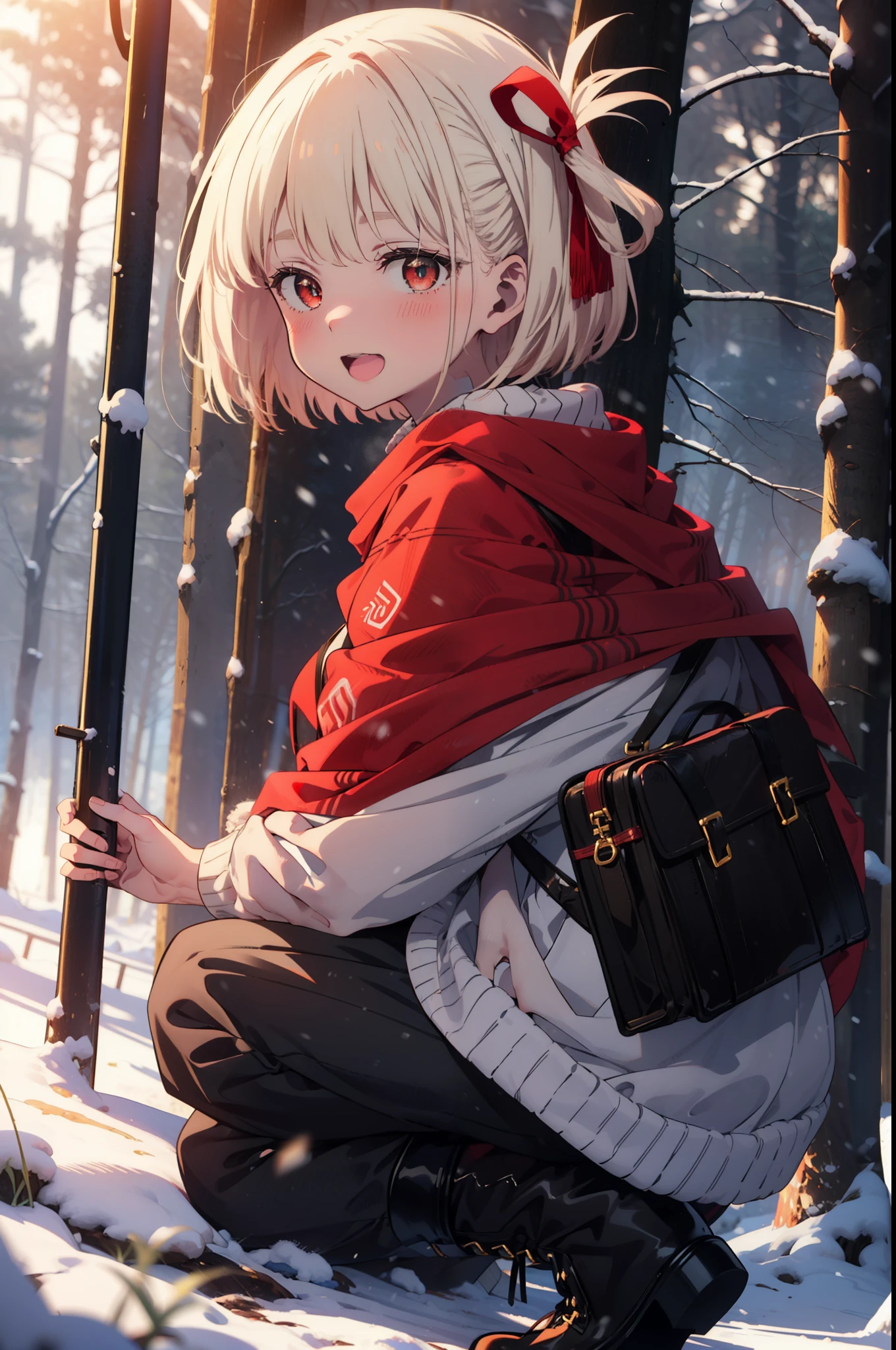 chisatonishikigi, Chisato Nishikigi, short hair, bangs, blonde, (Red eyes:1.5), Hair Ribbon, One side up, Bobcut,smile,blush,happy smile, smile, Open your mouth,
White Breath, Open your mouth,snow, Ground bonfire, Outdoor, boots, snowing, From the side, wood, suitcase, Cape, Blurred, Increase your meals, forest, White handbag, nature, Squat, Mouth closed, フードed Cape, winter, Written boundary depth, Black shoes, red Cape break looking at viewer, Upper Body, whole body, break Outdoor, forest, nature, break (masterpiece:1.2), highest quality, High resolution, unity 8k wallpaper, (shape:0.8), (Beautiful and beautiful eyes:1.6), Highly detailed face, Perfect lighting, Extremely detailed CG, (Perfect hands, Perfect Anatomy),