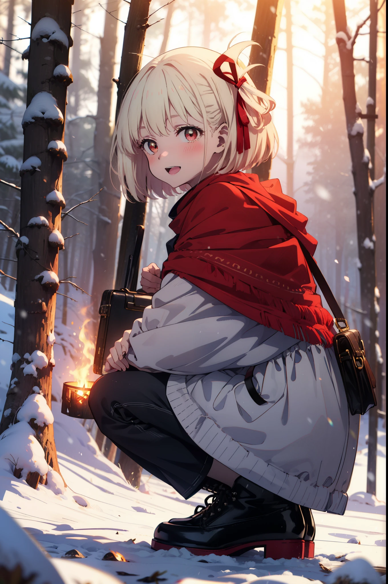 chisatonishikigi, Chisato Nishikigi, short hair, bangs, blonde, (Red eyes:1.5), Hair Ribbon, One side up, Bobcut,smile,blush,happy smile, smile, Open your mouth,
White Breath, Open your mouth,snow, Ground bonfire, Outdoor, boots, snowing, From the side, wood, suitcase, Cape, Blurred, Increase your meals, forest, White handbag, nature, Squat, Mouth closed, フードed Cape, winter, Written boundary depth, Black shoes, red Cape break looking at viewer, Upper Body, whole body, break Outdoor, forest, nature, break (masterpiece:1.2), highest quality, High resolution, unity 8k wallpaper, (shape:0.8), (Beautiful and beautiful eyes:1.6), Highly detailed face, Perfect lighting, Extremely detailed CG, (Perfect hands, Perfect Anatomy),