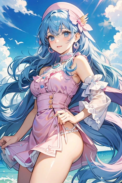 Akoya has eyes of blue lavender with long, flowing sky blue hair accessorized with a pink ribbon and a pearl hair clip. Her thick bangs are split down the center and curl to the side. She has pale pink wings and wears pale yellow clam shaped earrings.
She wears a yellow seashell top to match the ruffled fins on each side of her hip. Her tail is pink with pale pink accent, and on each wrist is a pearl bracelet. SPARKLE; GLITTER