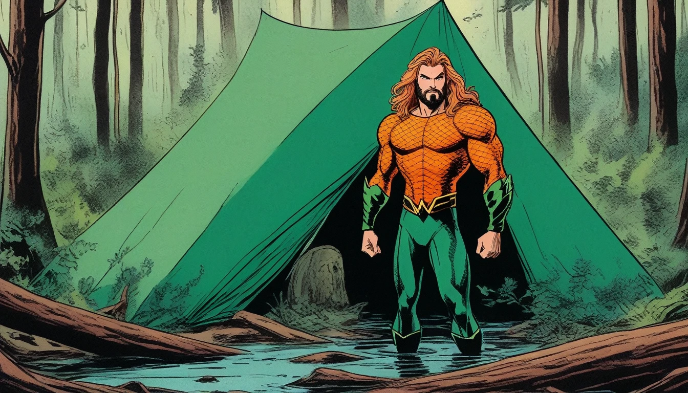 Aquaman (Orin, Arthur Curry, vintage, orange and green costume), Outdoor camping, mesh tent, rotoscope, cinematic, hyperrealism cartoon, hyper maximal, strange, nature colors, shading for depth, 90's expressive comic style, aquatic sea hero in the forest woods,
