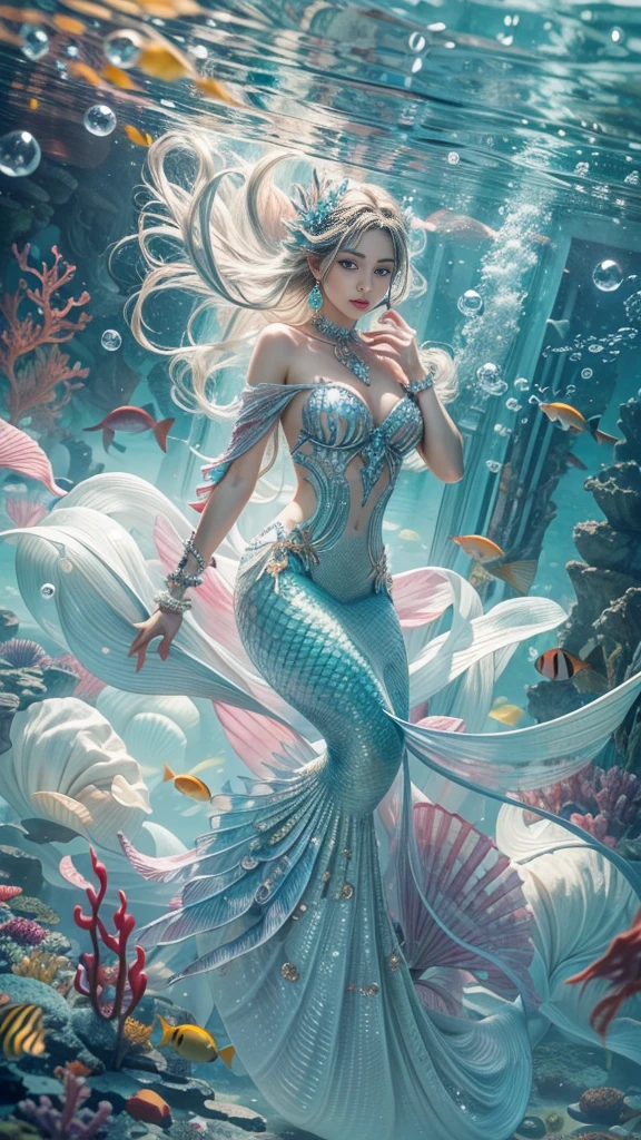 (RAW shooting, 32k, highest quality, masterpiece, Ultra-high resolution), (Under the sea at night:1.0, moonlight:0.7, Mysterious underwater world:1.3, Expressions of sadness:1.0), Fractal Art:1.2, Perfect dynamic composition:1.2, Highly detailed skin and facial textures:1.2, Beautiful shell and coral decoration, Surrounded by lots of colorful fish, Rich underwater vegetation, (View the subject from a distance:1.3, Dynamic flow of water waves:1.2, Slim mermaid figure:1.0, Shimmering Scales, Mermaid tail), Fair skin, Incredibly slim body:1.0, Very beautiful face, Water droplets on the skin, Super detailed, Gorgeous silver shiny dress portrait, Big eyes that exude beauty, Beautiful big lips, Graceful and elegant, Surreal atmosphere, necklace, Earrings, bracelet