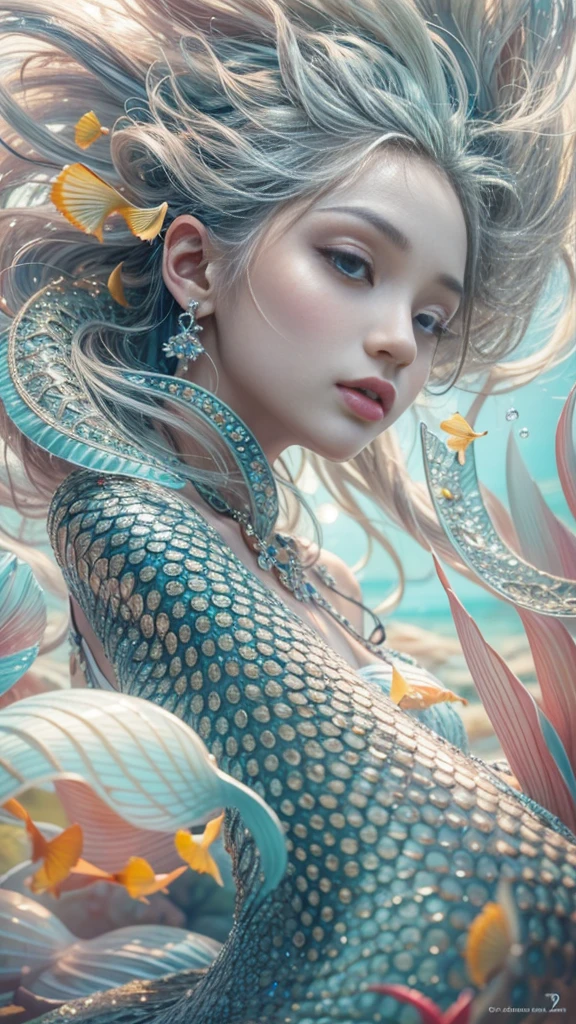 (RAW shooting, 32k, highest quality, masterpiece, Ultra-high resolution), (Under the sea at night:1.0, moonlight:0.7, Mysterious underwater world:1.3, Expressions of sadness:1.0), Fractal Art:1.2, Perfect dynamic composition:1.2, Highly detailed skin and facial textures:1.2, Beautiful shell and coral decoration, Surrounded by lots of colorful fish, Rich underwater vegetation, (View the subject from a distance:1.3, Dynamic flow of water waves:1.2, Slim mermaid figure:1.0, Shimmering Scales, Mermaid tail), Fair skin, Incredibly slim body:1.0, Very beautiful face, Water droplets on the skin, Super detailed, Gorgeous silver shiny dress portrait, Big eyes that exude beauty, Beautiful big lips, Graceful and elegant, Surreal atmosphere, necklace, Earrings, bracelet