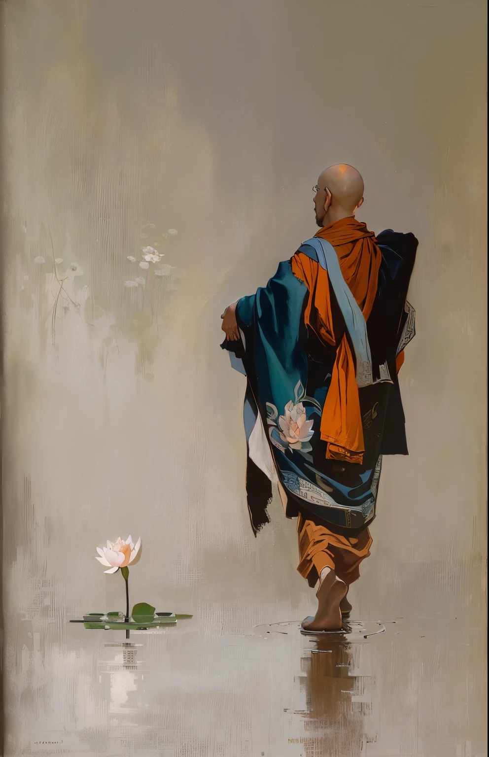 painting of monk walking on a lotus garden, lotus flower in background, inspired by Camille-Pierre Pambu Bodo, by Ernest Zobole, by Salomon van Abbé, inspired by Pieter Janssens Elinga, by Hubert van Ravesteyn, inspired by Candido Bido, by Odhise Paskali