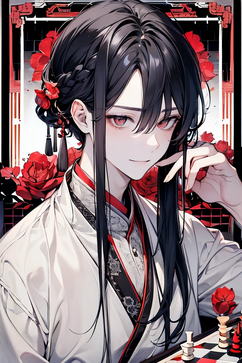 ((Adult male around 20 years old:1.2)),tazune rirei, masterpiece, best quality, braid hair, black hair, (portrait), shiny red eyes, white hanfu dress,(gray color world:1.3),bokeh,((playing chess game)), embarrassed, (close mouth), perfect hands,smile,full body
