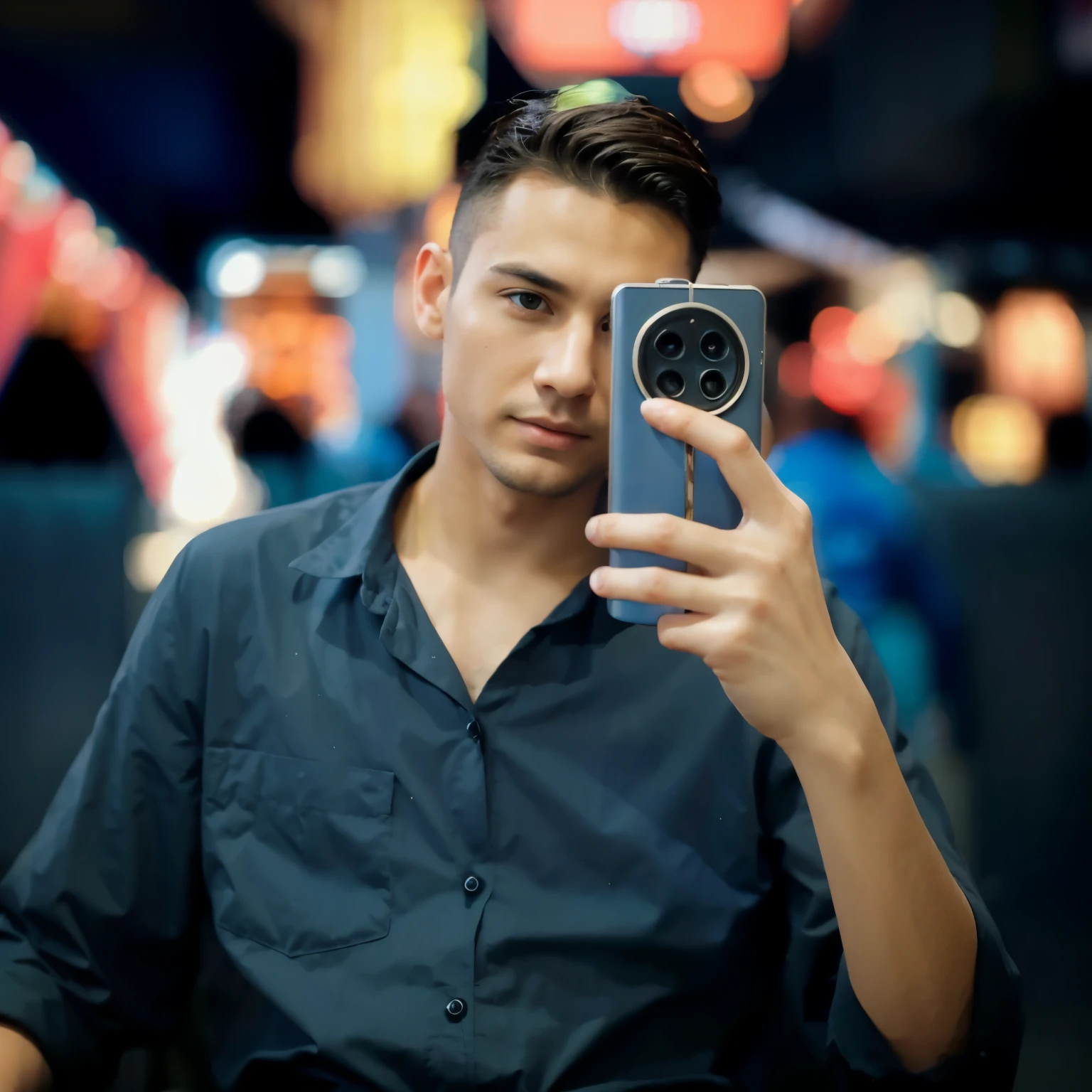 Boy with coffee futuristic background realistic face 