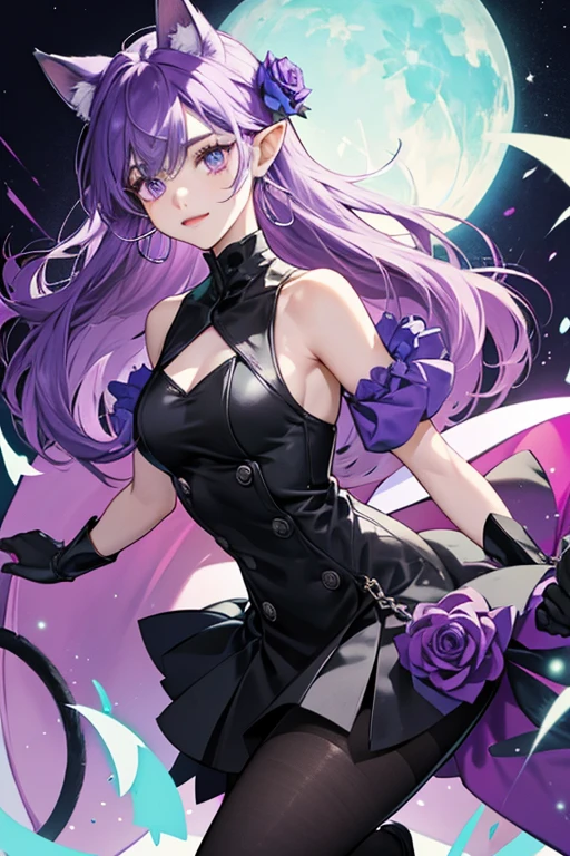 She wore a dark green cap with cat ears on it, with a purple flower attached to it. Her hairstyle was the same. She had white skin, purple eyes, pink cheeks, pointy ears, and yellow hoop earrings. She wore long black gloves with a sleeveless dark purple dress that was not long. She wore black pantyhose and black boots (like Rose). Her wing was mint blue and sharp at the edge. SPARKLE; GLITTER