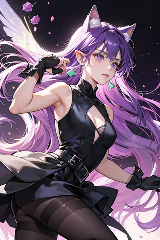 Purple hair, Girl, black long dress, Black background, Backlight, Colorful light, Double ponytail, Wearing a pair of black gloves, Delicate upper body